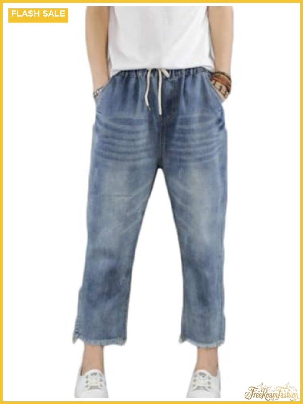 Women's Elastic Waist Baggy Cropped Jeans Denim Pants